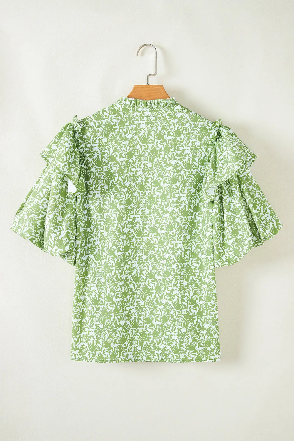 Light Green Floral V-Neck Ruffle Puff Sleeve Blouse