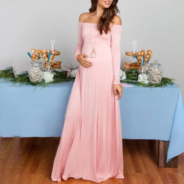 Maternity Elegant Word Collar Solid Color Long-sleeved Dress