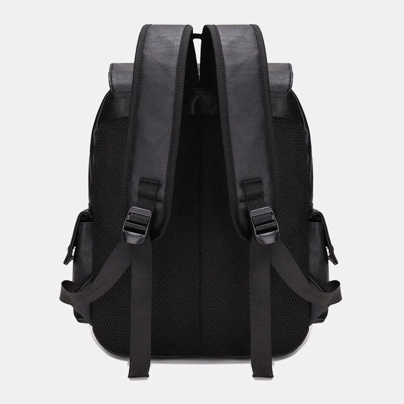 Men Casual Travel Multi-pocket Large Capacity Backpack Solid Retro Wear-resistant Waterproof PU Soft Leather 14 Inch Laptop Bag