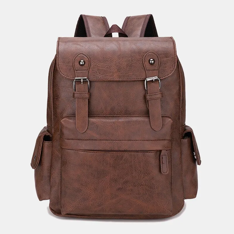 Men Casual Travel Multi-pocket Large Capacity Backpack Solid Retro Wear-resistant Waterproof PU Soft Leather 14 Inch Laptop Bag