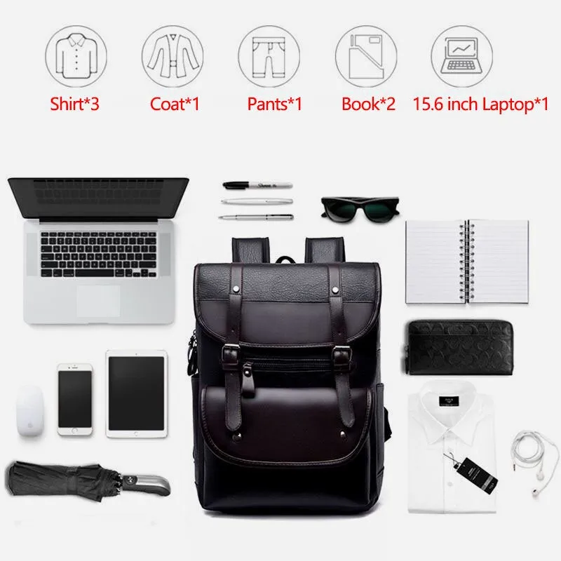 Men PU Leather Hasp Large Capacity Backpack Multi-pocket Waterproof 15.6 Inch Laptop Bag Fashion Wild Travel