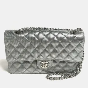 Metallic Silver Quilted Calfskin Pixel Effect Medium Classic Double Flap Bag