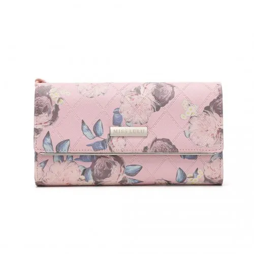 Miss Lulu Ladies' Pink Flower Printed PU Leather Long Purse - Elegant and Functional Wallet