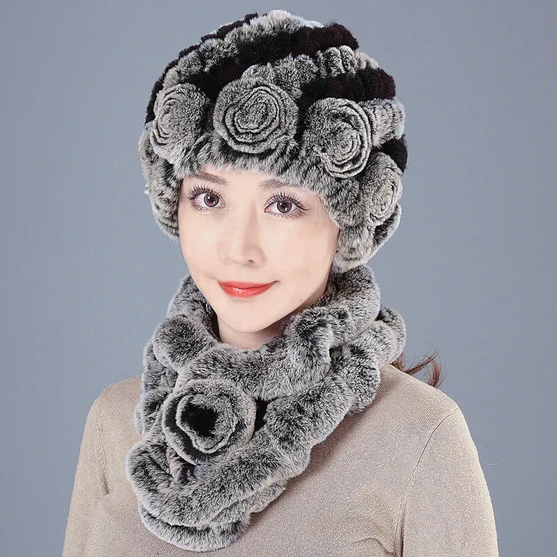 New Rex Rabbit Fur Hat Female Autumn and Winter Outdoor Warm Ear Protection Scarf Mom Casual Suit