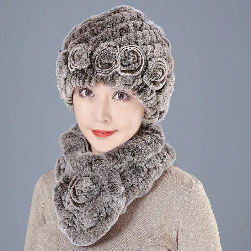 New Rex Rabbit Fur Hat Female Autumn and Winter Outdoor Warm Ear Protection Scarf Mom Casual Suit