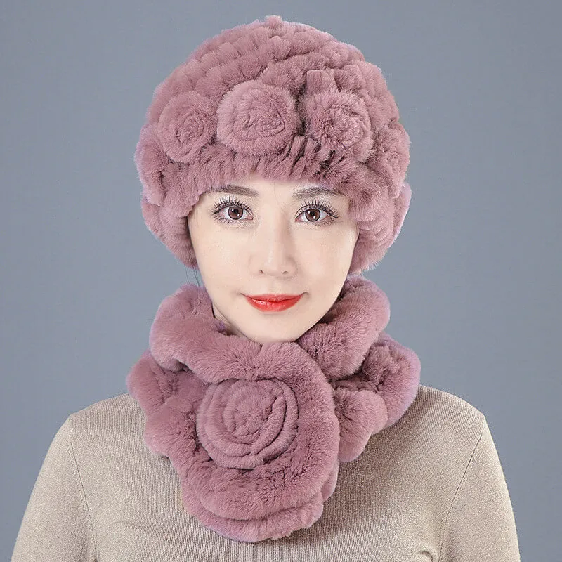 New Rex Rabbit Fur Hat Female Autumn and Winter Outdoor Warm Ear Protection Scarf Mom Casual Suit