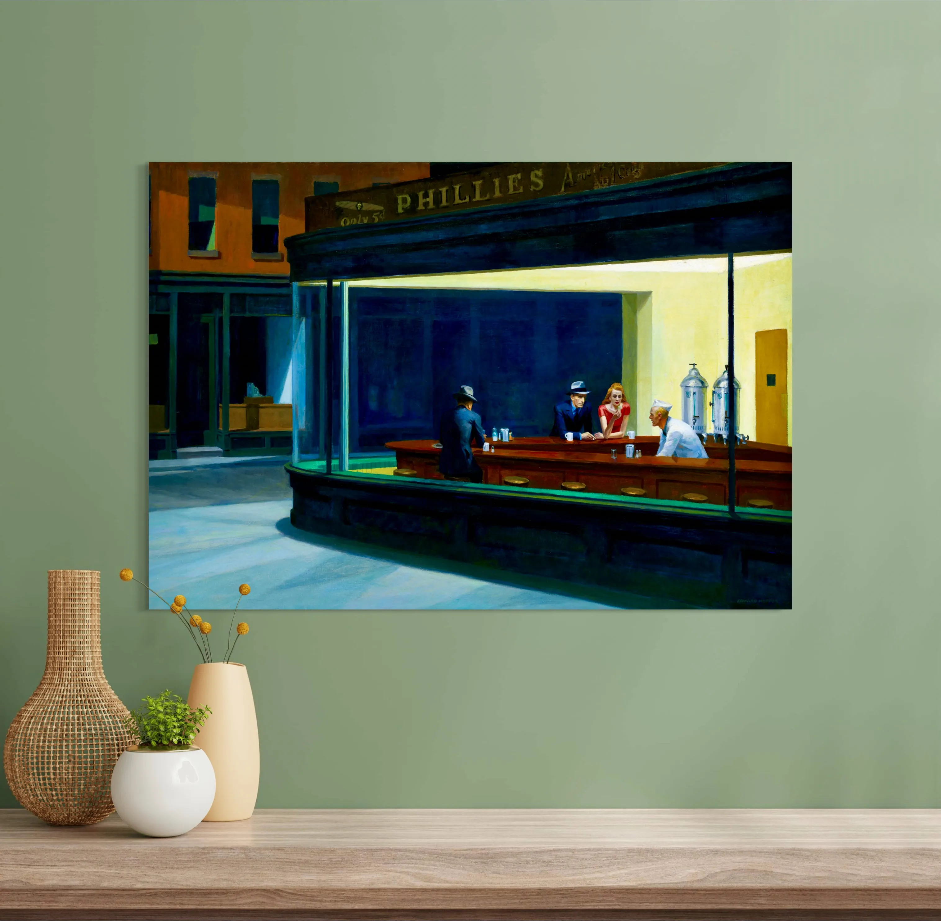 Nighthawks - Painted by Edward Hopper - Circa. 1942. High Quality Polyester Cotton Canvas Print. Rolled Canvas Available in 3 Sizes - Small, Medium, or Large. Stretched Canvas Option Available in One (1) Large Size - 70cm x 100cm.