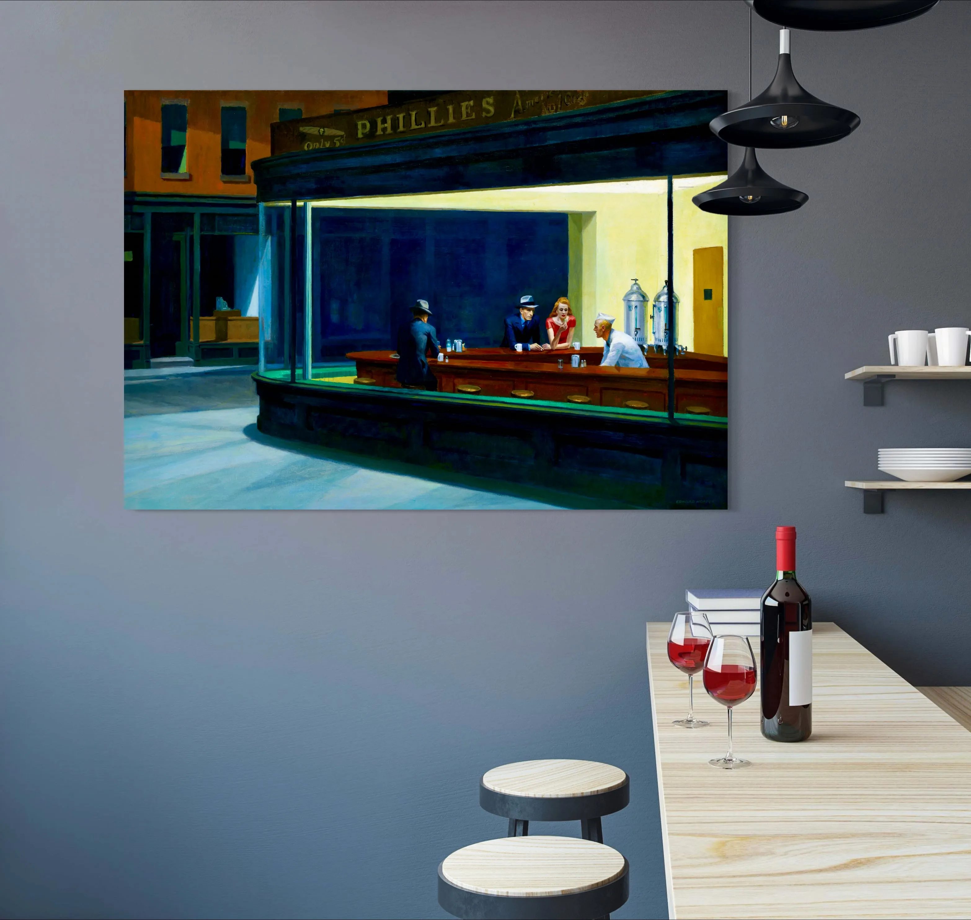 Nighthawks - Painted by Edward Hopper - Circa. 1942. High Quality Polyester Cotton Canvas Print. Rolled Canvas Available in 3 Sizes - Small, Medium, or Large. Stretched Canvas Option Available in One (1) Large Size - 70cm x 100cm.