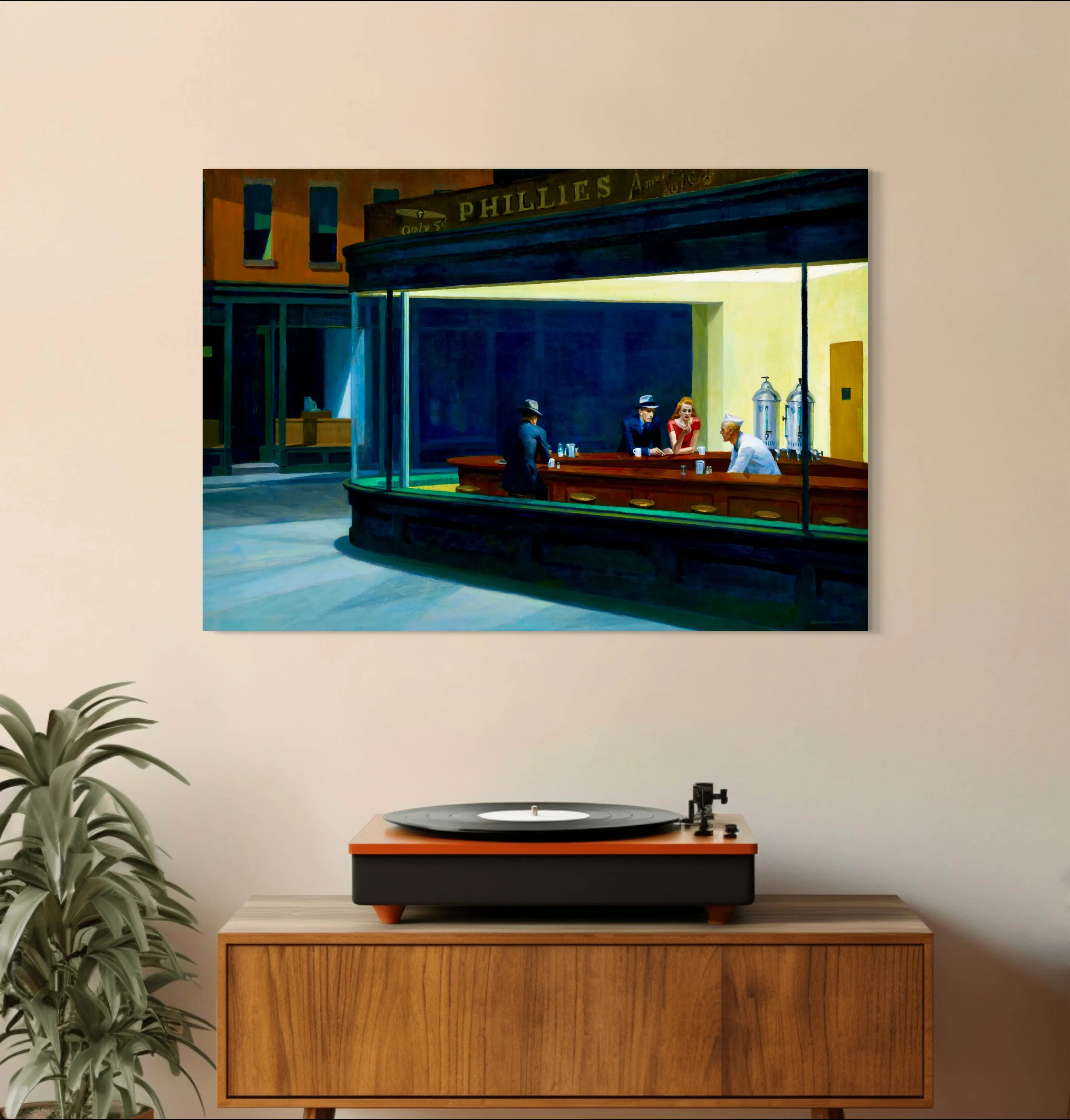 Nighthawks - Painted by Edward Hopper - Circa. 1942. High Quality Polyester Cotton Canvas Print. Rolled Canvas Available in 3 Sizes - Small, Medium, or Large. Stretched Canvas Option Available in One (1) Large Size - 70cm x 100cm.