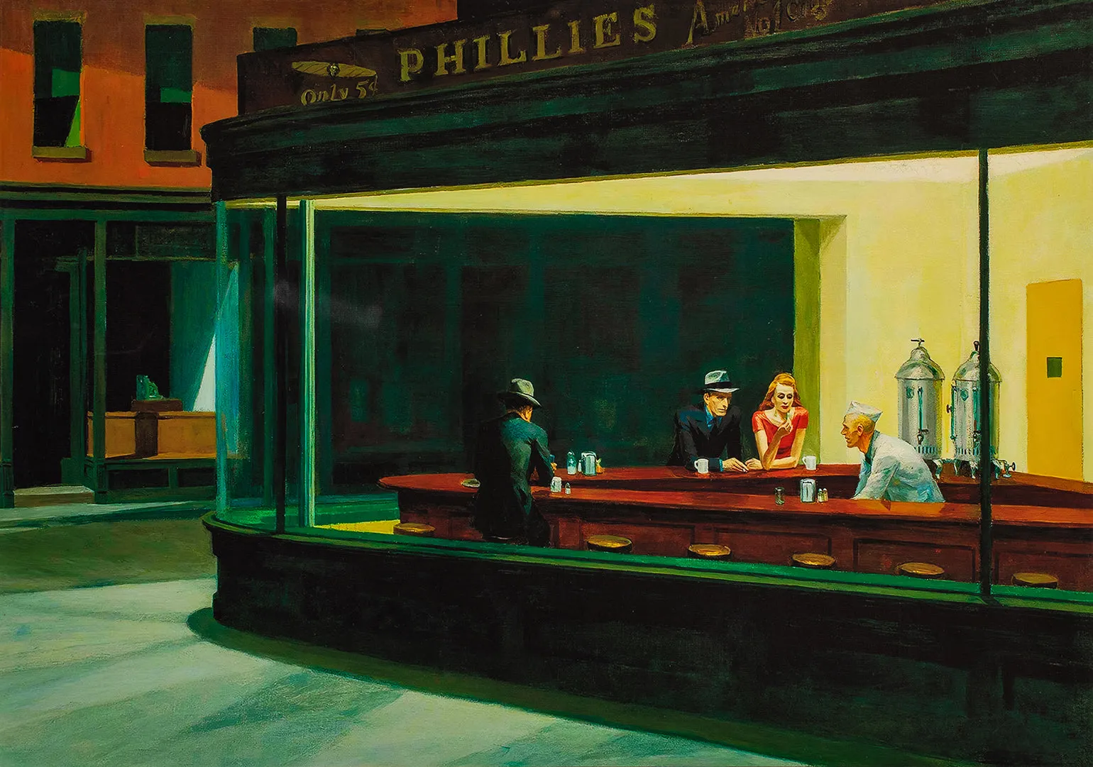 Nighthawks - Painted by Edward Hopper - Circa. 1942. High Quality Polyester Cotton Canvas Print. Rolled Canvas Available in 3 Sizes - Small, Medium, or Large. Stretched Canvas Option Available in One (1) Large Size - 70cm x 100cm.