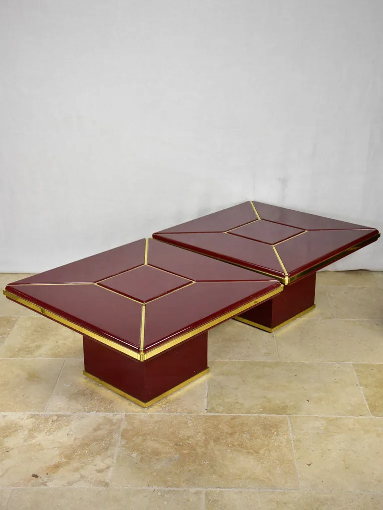 Pair of superb Burgundy red coffee tables - lacquer and brass 31"