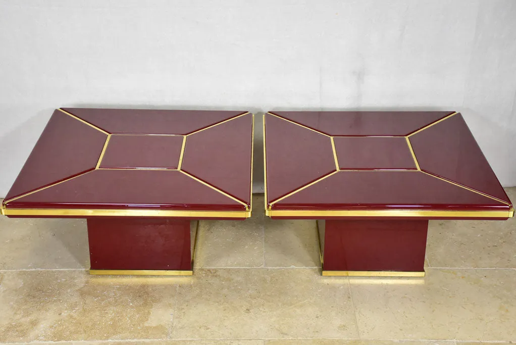 Pair of superb Burgundy red coffee tables - lacquer and brass 31"