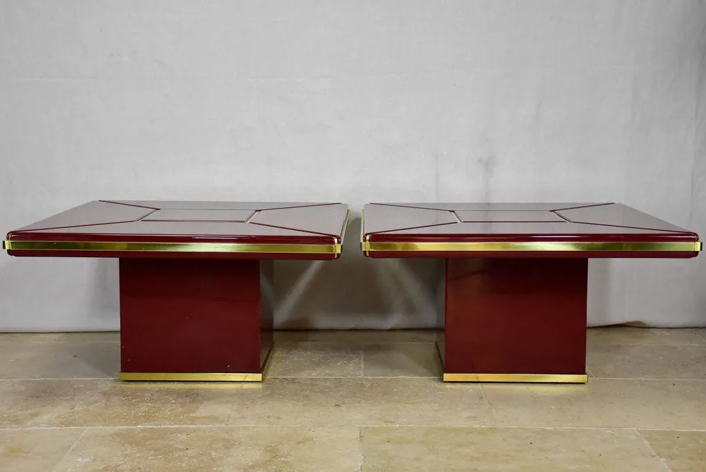 Pair of superb Burgundy red coffee tables - lacquer and brass 31"