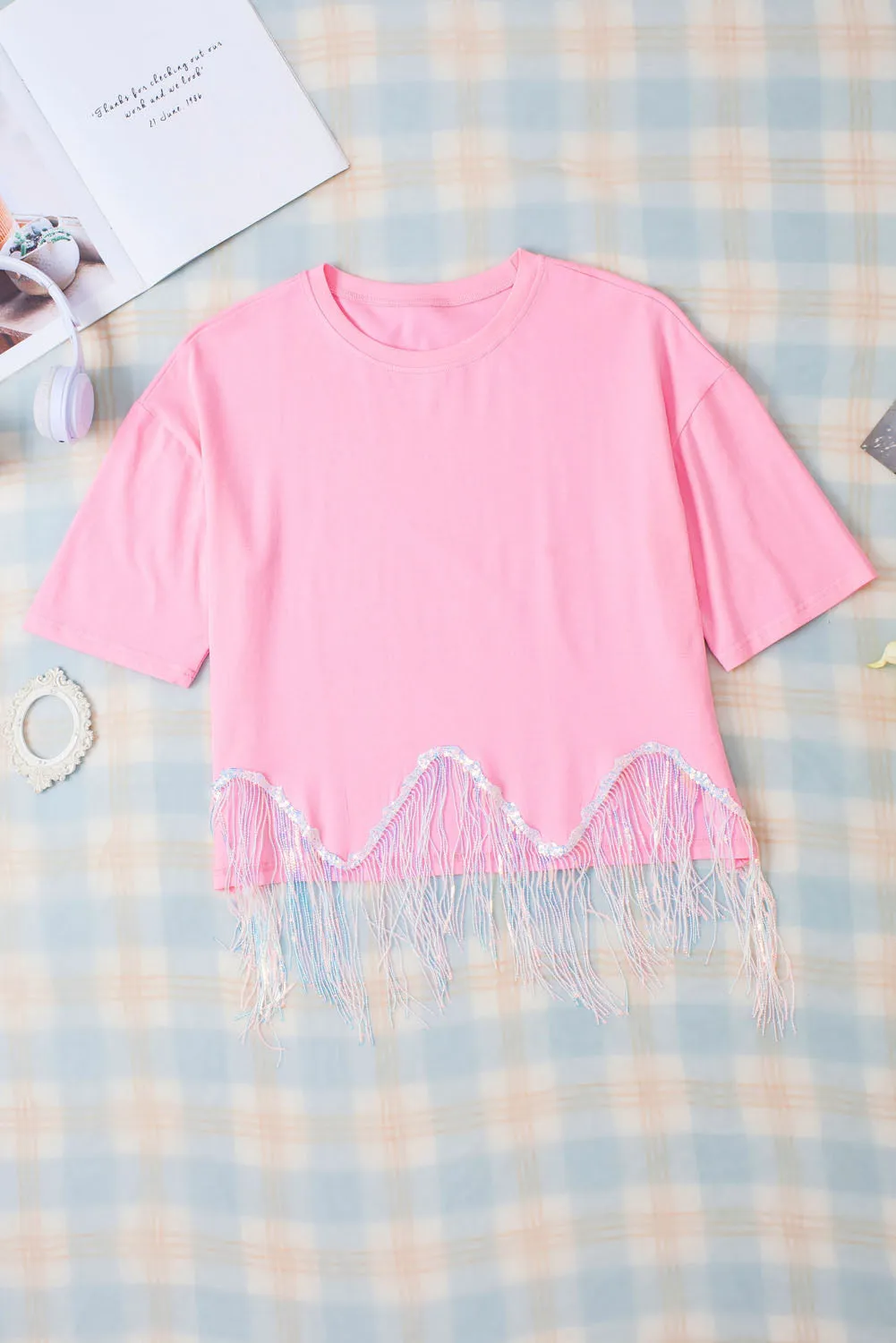 Pink Casual Fringe Sequin Hem Cropped T Shirt