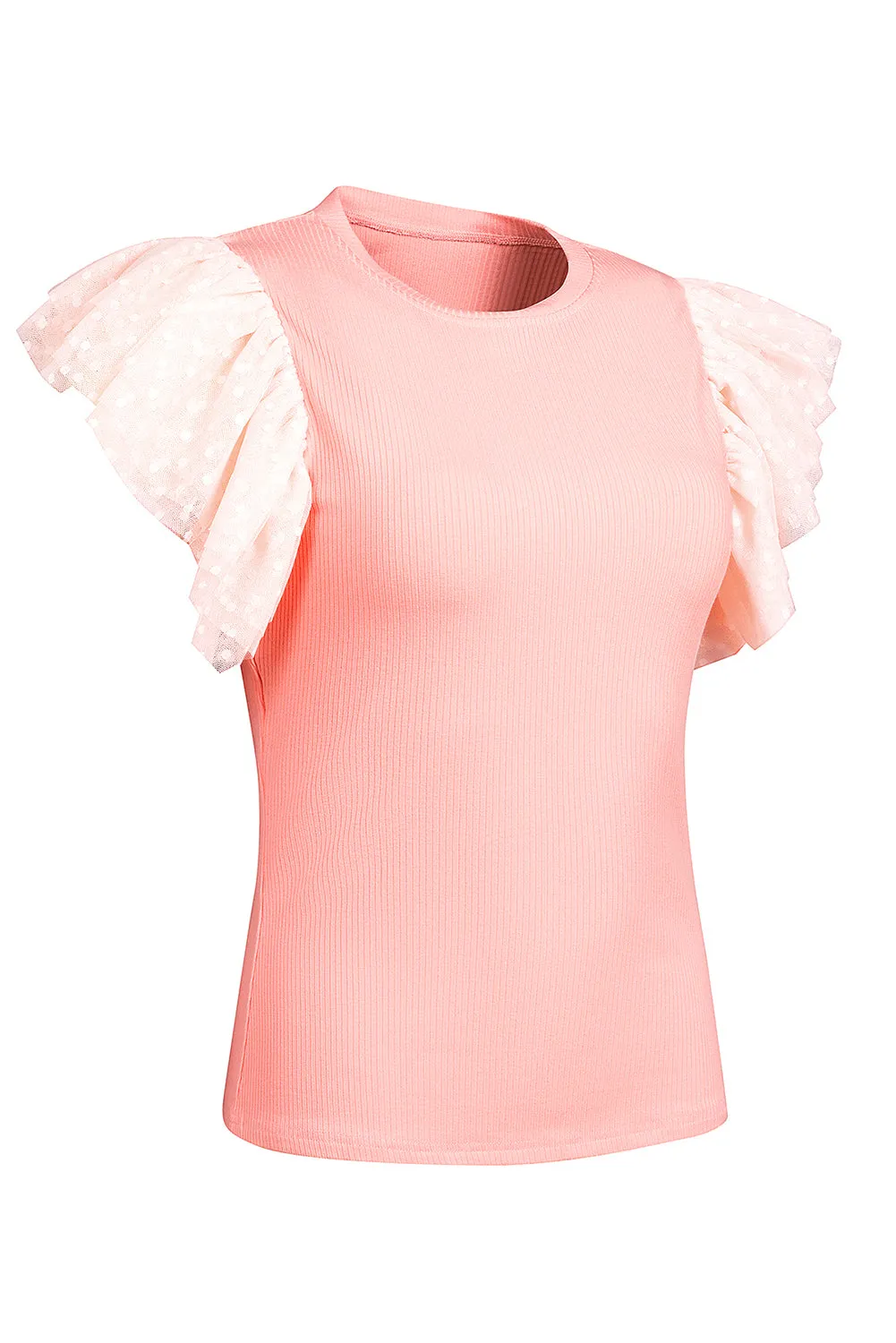 Pink Dotty Mesh Ruffle Sleeve Ribbed Knit Top