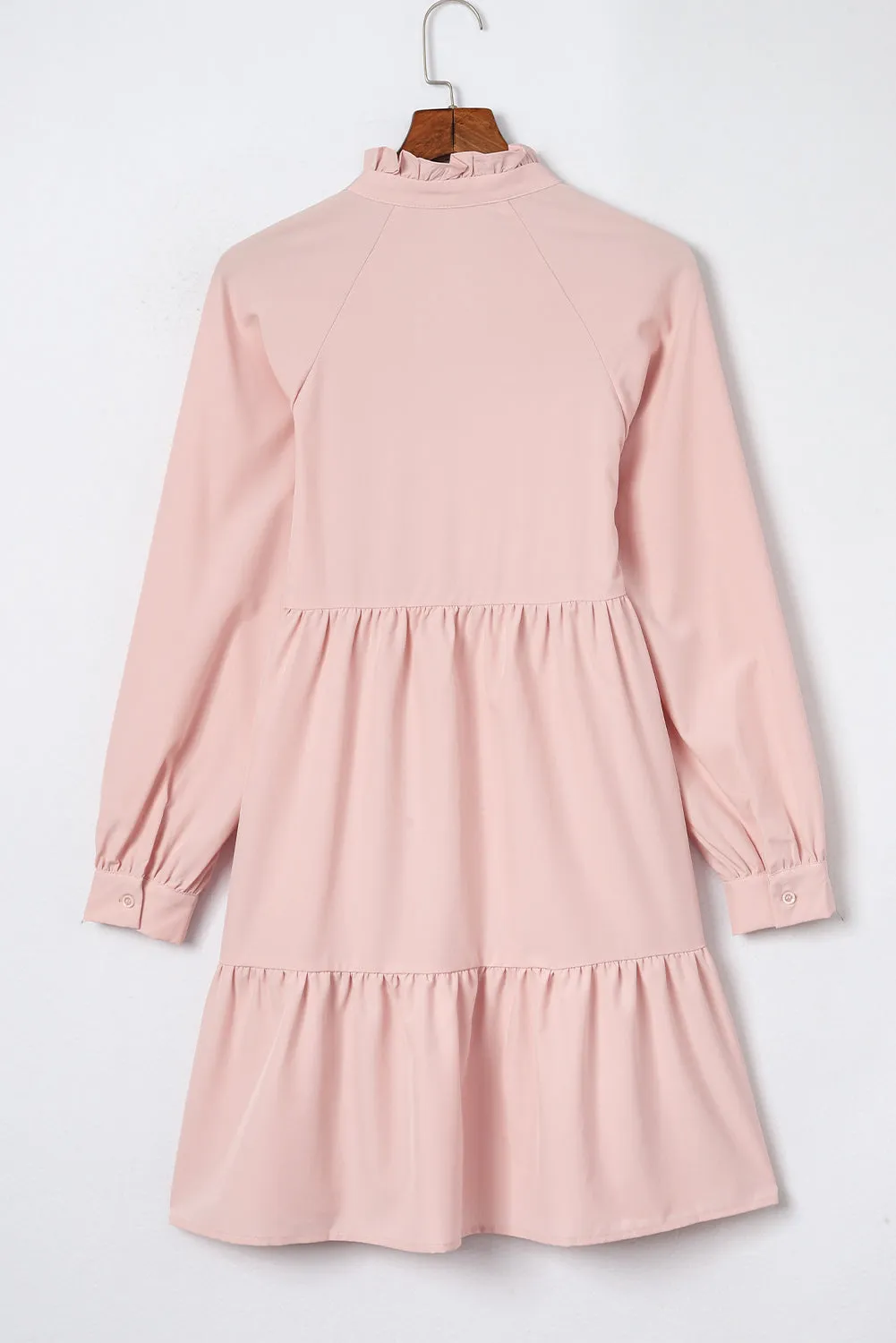 Pink Frilled Stand Collar Long Sleeve Ruffle Dress