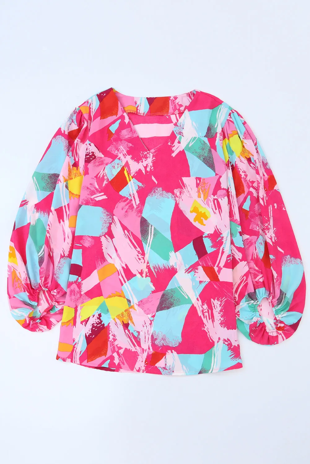 Pink Plus Size Graffiti Print Split Neck Puff Sleeve Blouse