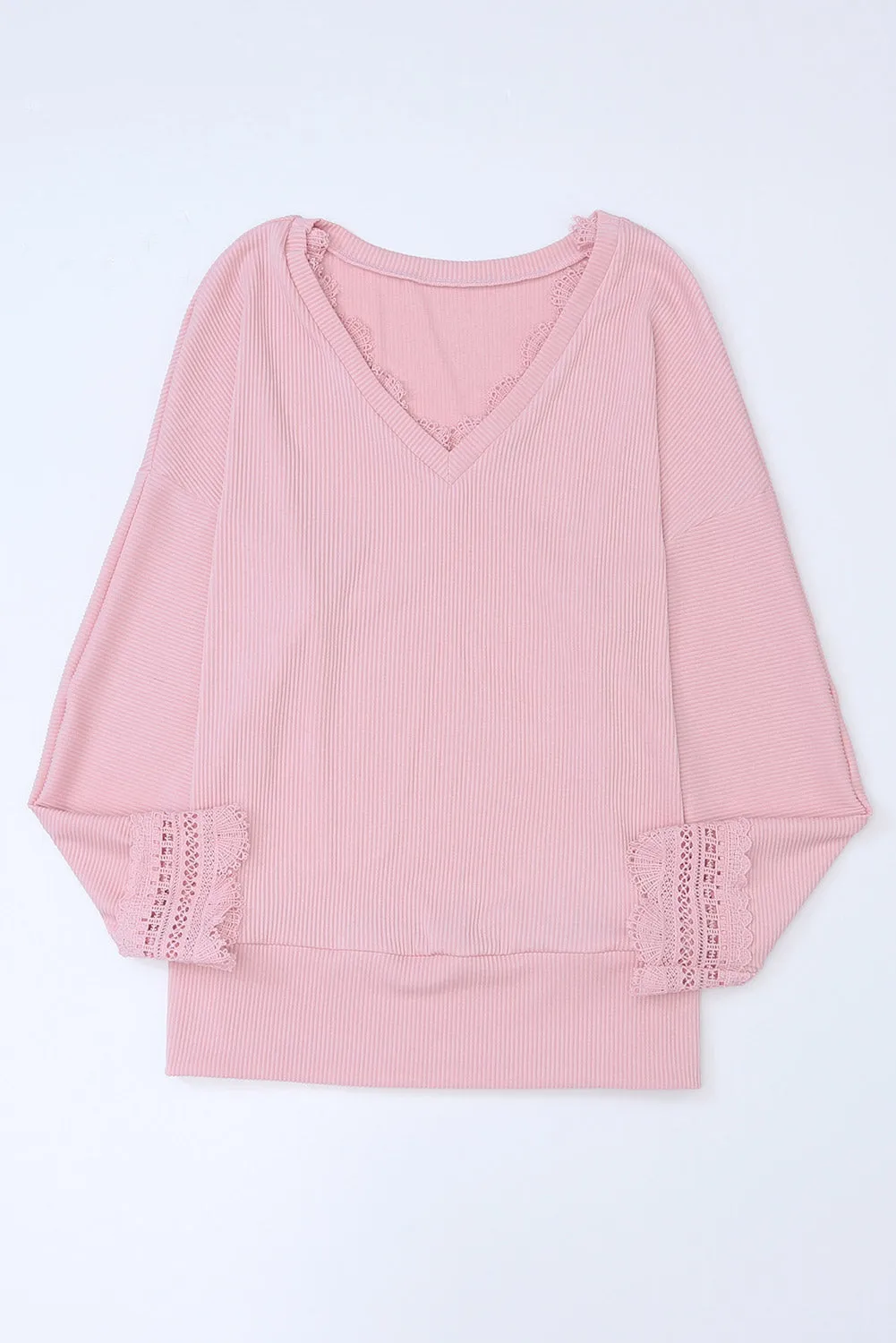 Pink Ribbed Texture Lace Trim V Neck Long Sleeve Top