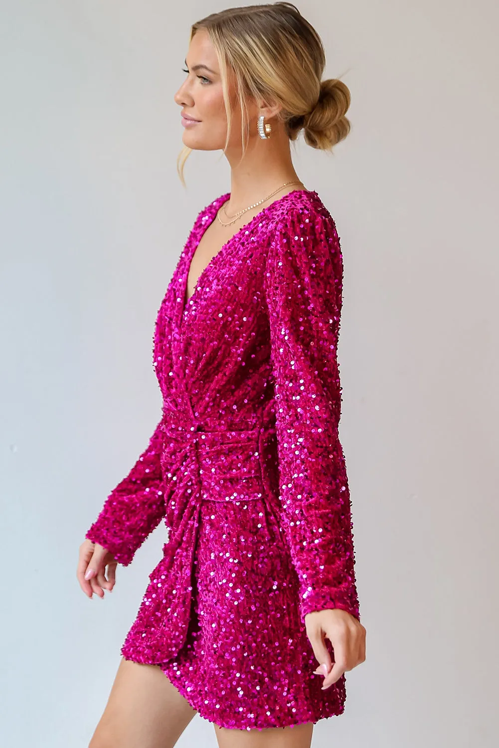 Pitaya Pink Velvet Sequin Long Sleeve V Neck Wrapped Mini Dress