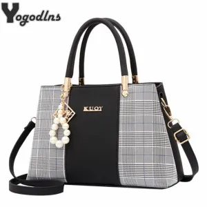 Popular Patchwork Women Shoulder Bag Elegant Female Plaid Crossbody Bags Top-Handle Hand Tote with pendant hanging