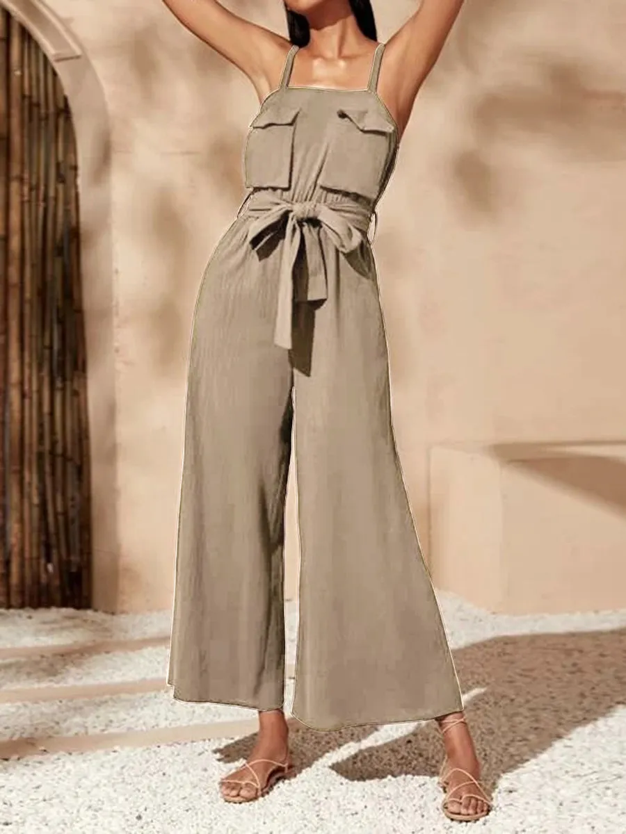 Pure Color Elegant Loose Slip Jumpsuit with Pocket