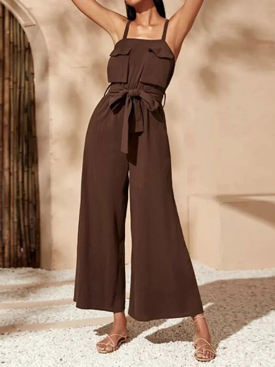 Pure Color Elegant Loose Slip Jumpsuit with Pocket