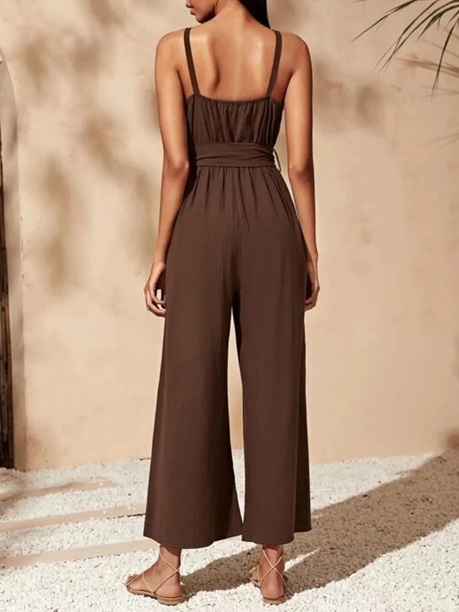 Pure Color Elegant Loose Slip Jumpsuit with Pocket