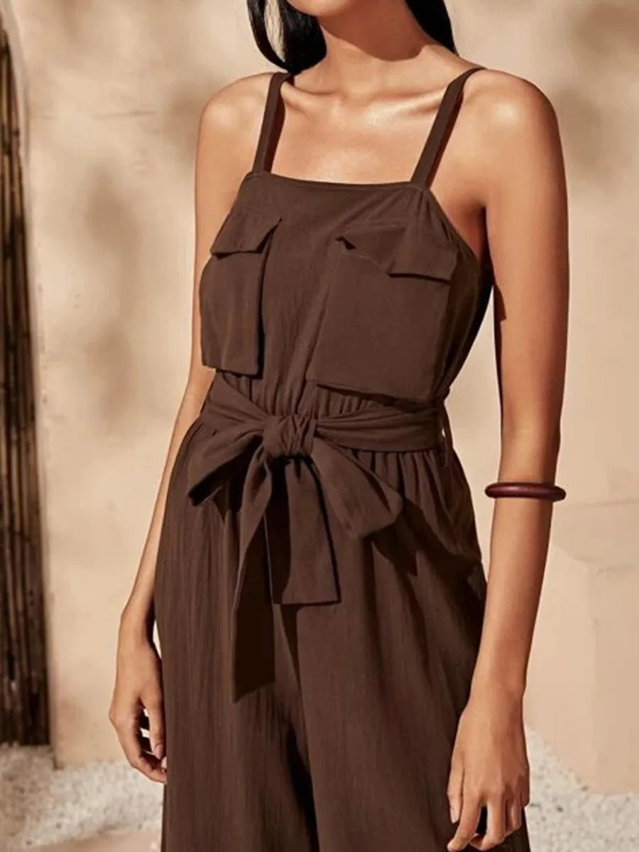 Pure Color Elegant Loose Slip Jumpsuit with Pocket