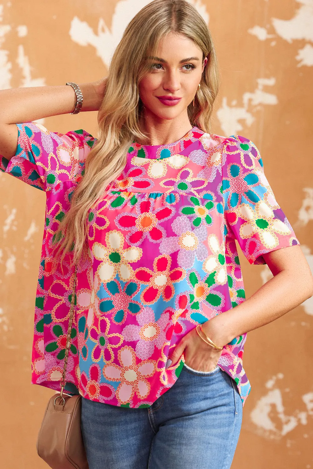 Purple Floral Print Crew Neck Short Sleeve Blouse