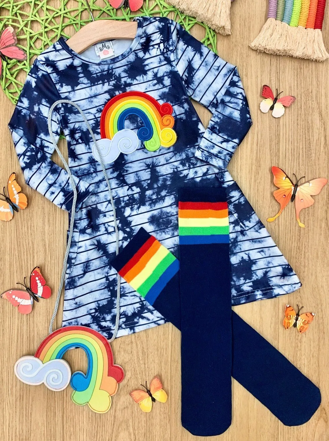 Rainbows and Tie-Dye Dress, Knee Socks and Purse Set