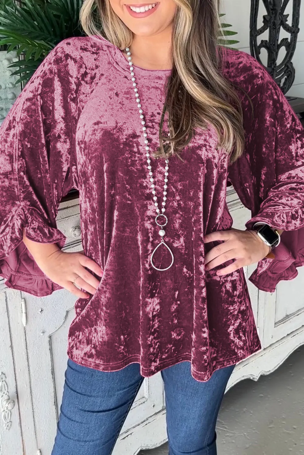 Red Dahlia Ruffle Bell Sleeve Loose Velvet Blouse