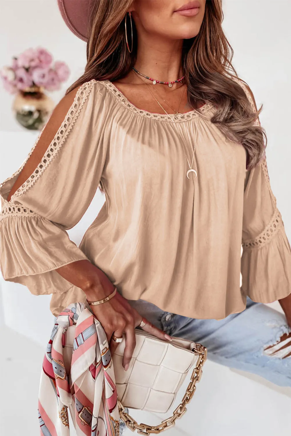 Rose Lace Crochet Cut-Out Bracelet Sleeve Ruffle Blouse