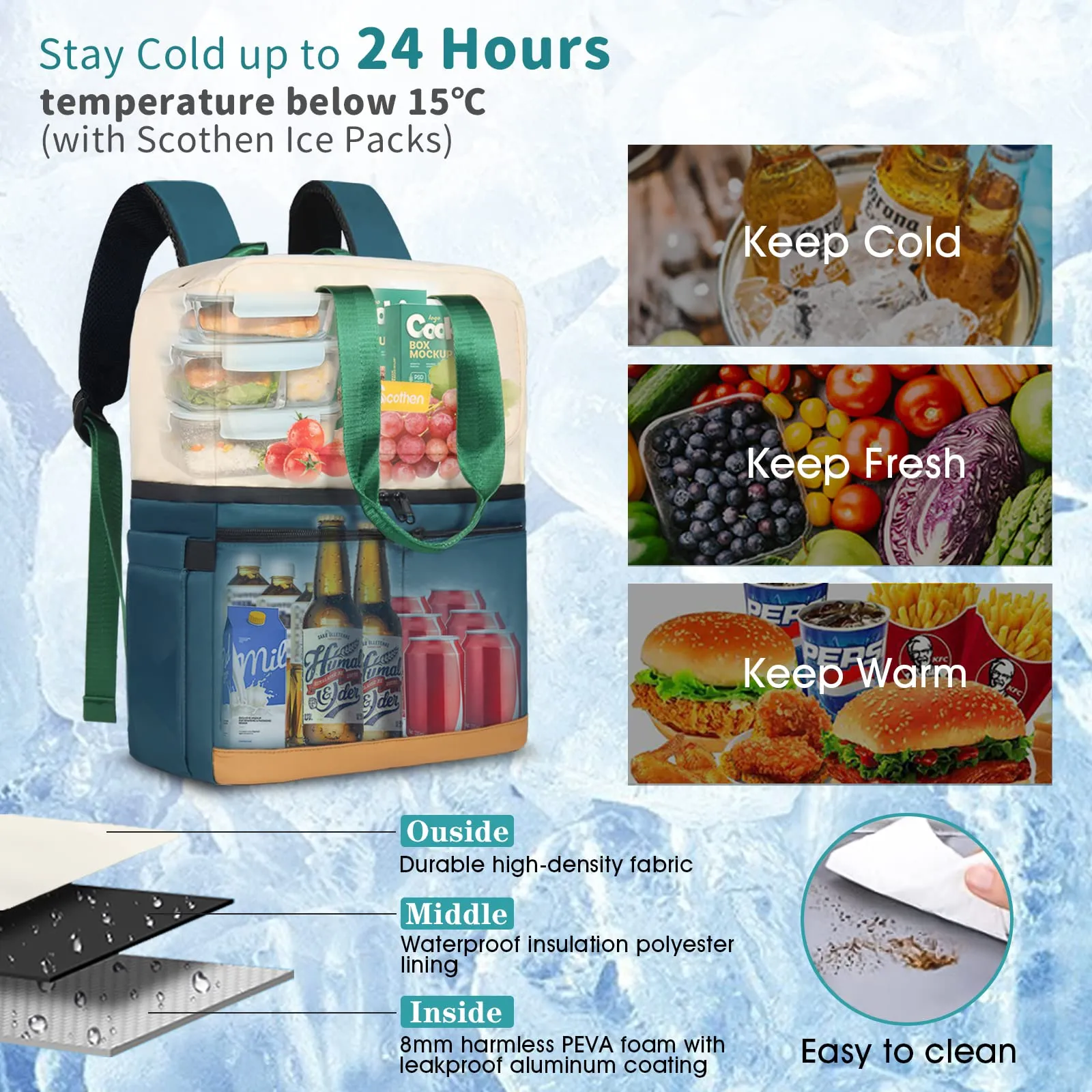 Scothen Backpack Cooler with Double Decker & 12 Ice Packs- Keeps 36 Cans Cold for Up to 24 Hours- Waterproof & Leak Proof Insulated Cooler Backpack- Stylish Cooler Bookbag for Women Travel Work Beach