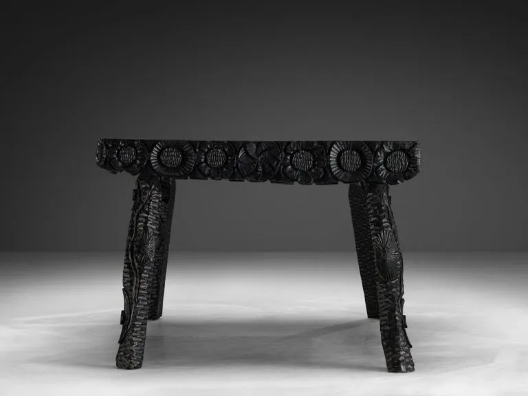 Sculptural Table in Black Lacquered Wood with Decorative Carvings