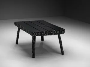 Sculptural Table in Black Lacquered Wood with Decorative Carvings