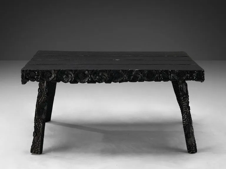 Sculptural Table in Black Lacquered Wood with Decorative Carvings