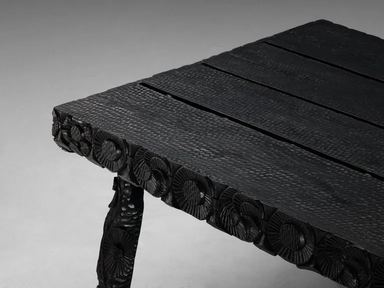 Sculptural Table in Black Lacquered Wood with Decorative Carvings