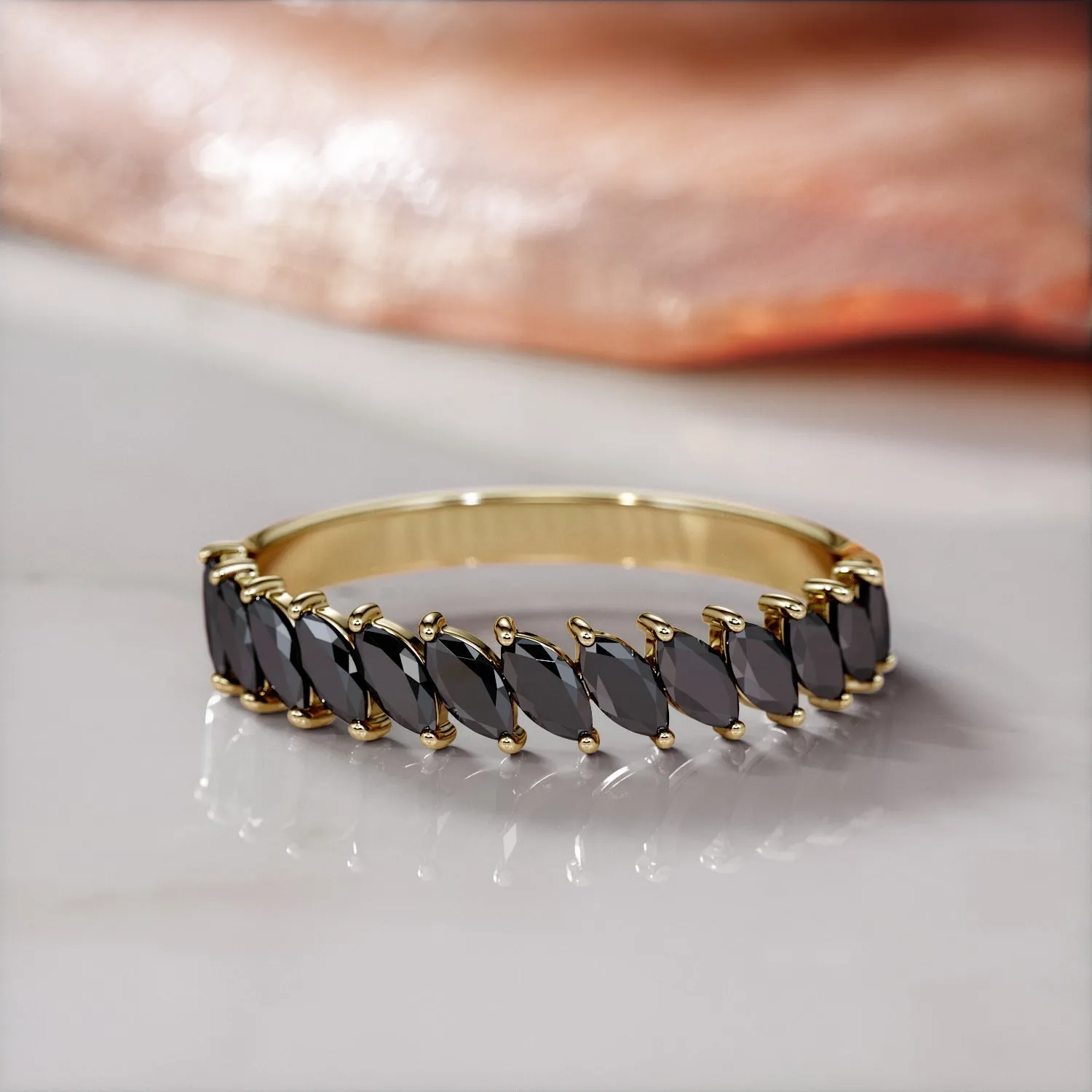 Selvina - Oriented Natural Black Diamond Wedding Band in Yellow Gold