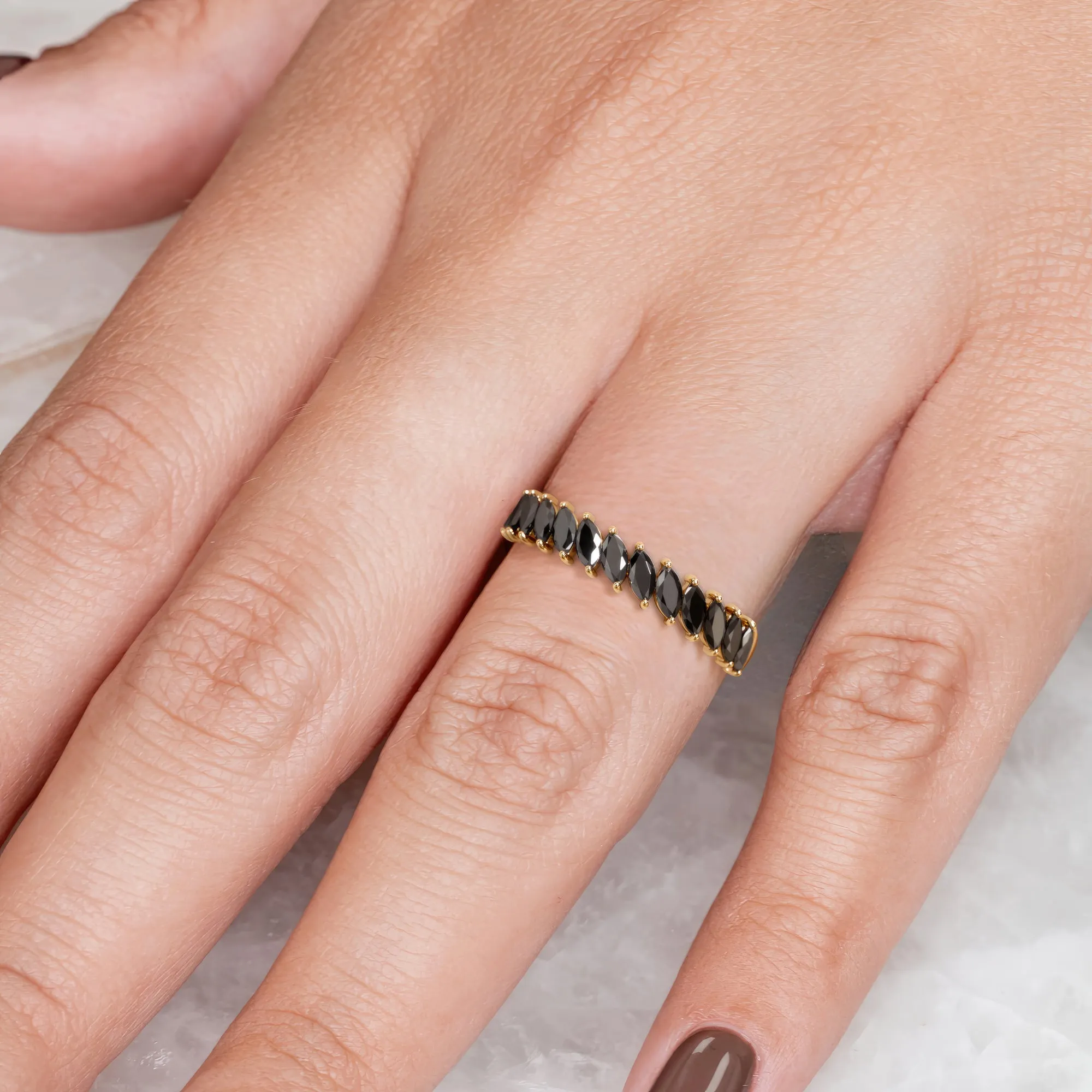 Selvina - Oriented Natural Black Diamond Wedding Band in Yellow Gold