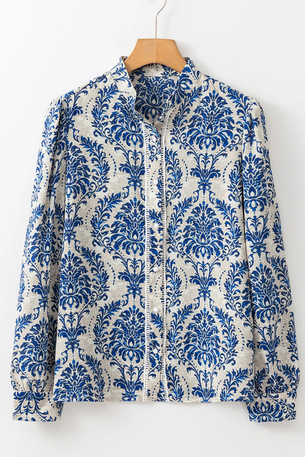 Sky Blue Bohemian Printed Bishop Sleeve Lace Shirt