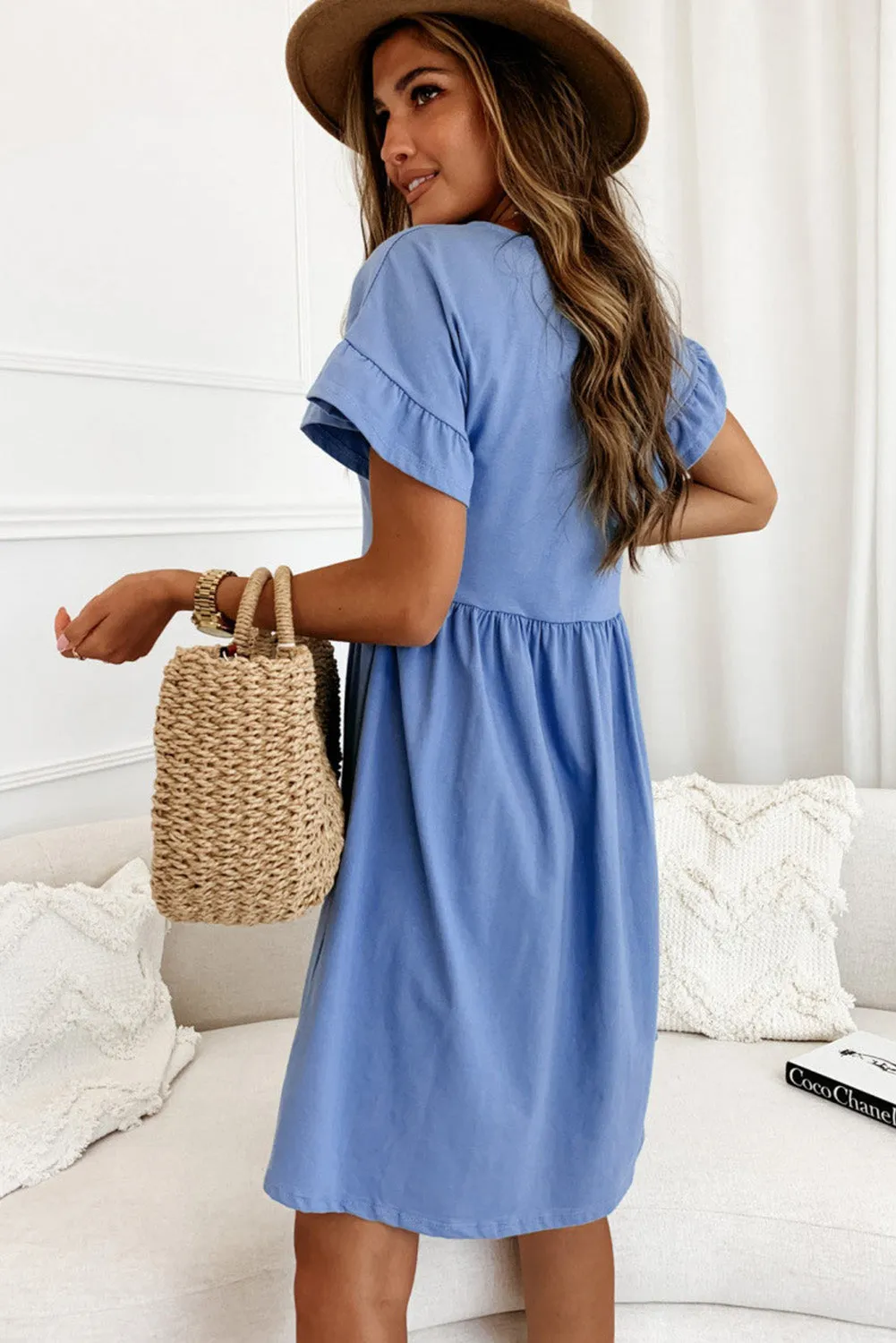 Sky Blue Round Neck Ruffle Sleeve Loose Pleated Dress