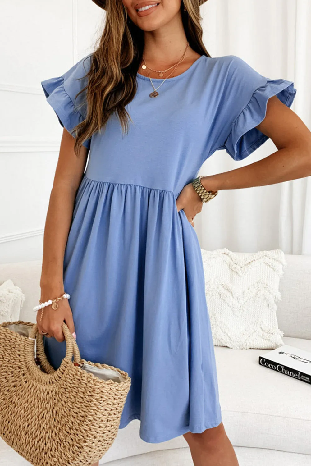 Sky Blue Round Neck Ruffle Sleeve Loose Pleated Dress