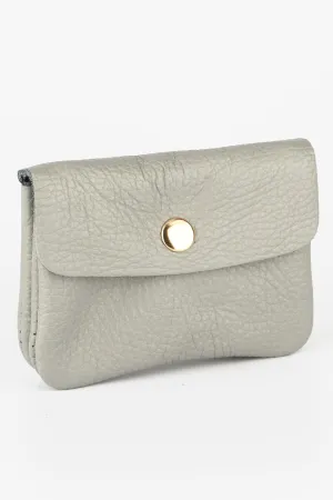 Small Italian Leather Coin Purse with Button Fastening and Internal Zip in Light Grey