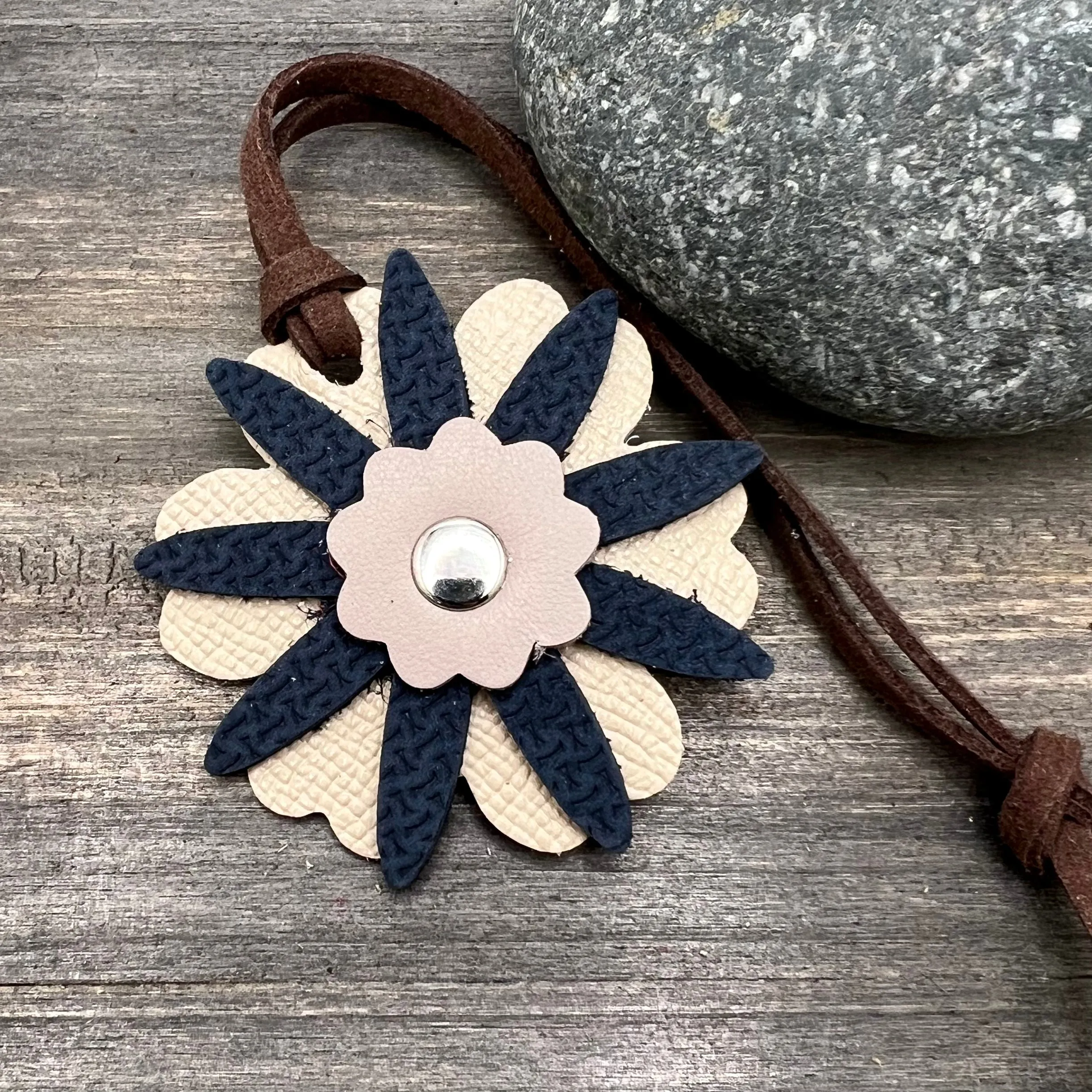 Small Leather Flower Purse Charm - Navy and Beige