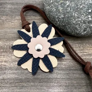 Small Leather Flower Purse Charm - Navy and Beige