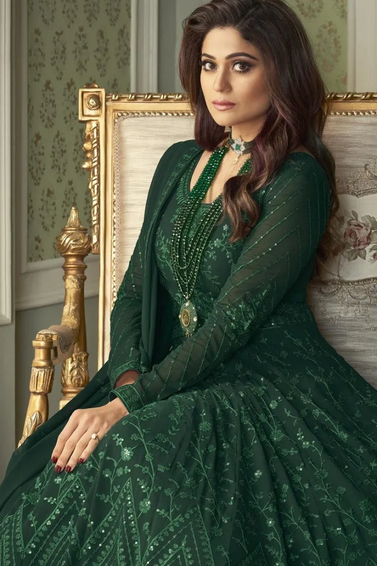 Superb Green Shamita Shetty Embroidered Georgette Anarkali Suit