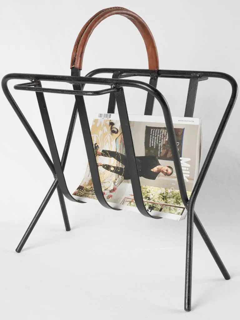 Vintage magazine rack - leather & wrought iron 17¾"