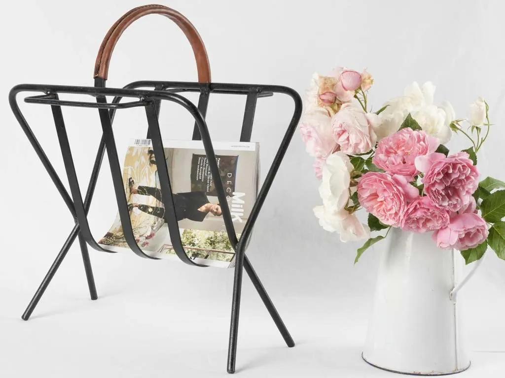 Vintage magazine rack - leather & wrought iron 17¾"