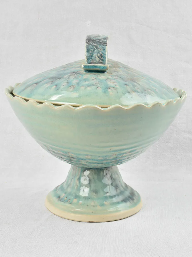 Vintage oval soup tureen with light aqua blue glaze 11¾"