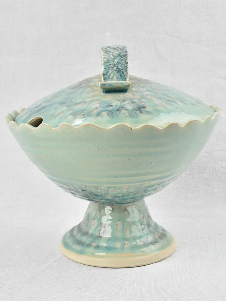 Vintage oval soup tureen with light aqua blue glaze 11¾"